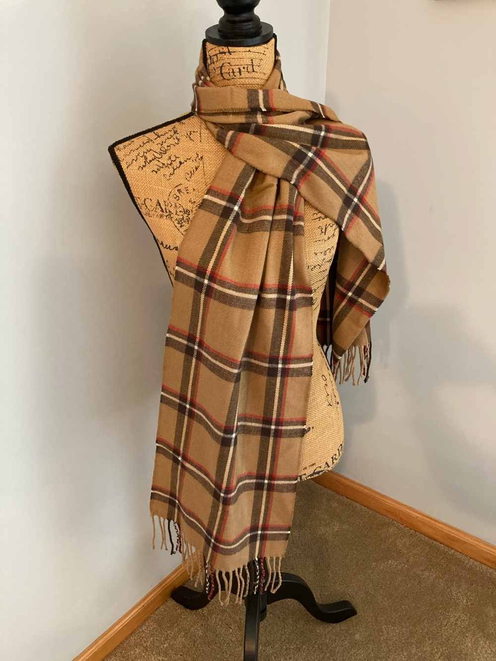 D&Y Tan Plaid Fringe Scarf with Red and Black Stripes